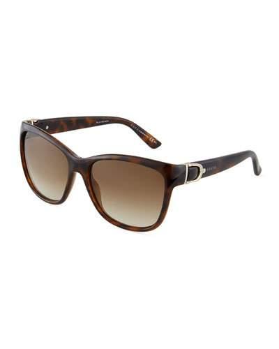 Square Havana Acetate Sunglasses W/ Horsebit Temples, Brown
