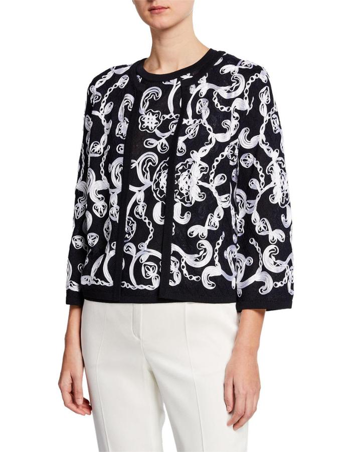 Ribbon-embroidered Open-front Cardigan