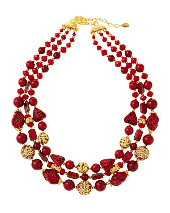 3-strand Cloisonne Cinnabar Glass Necklace