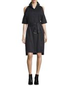 Poplin Cold-shoulder Shirtdress, Black