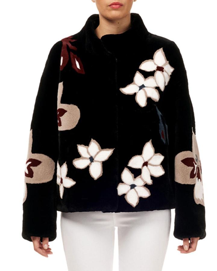 Floral Intarsia Rex Rabbit Fur Jacket