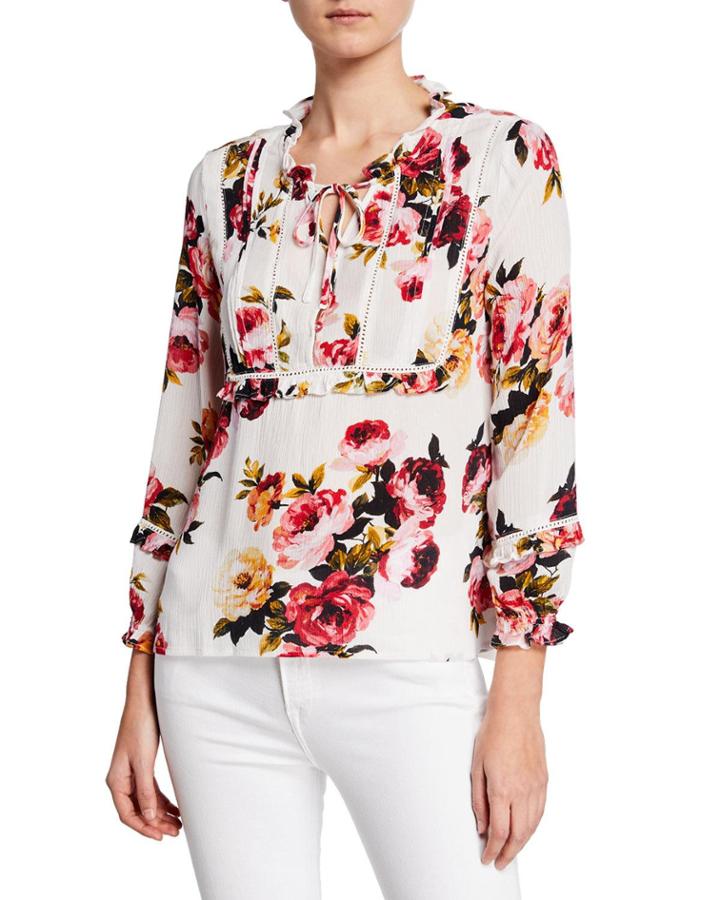 Floral Peasant Ruffle Split-neck Blouse