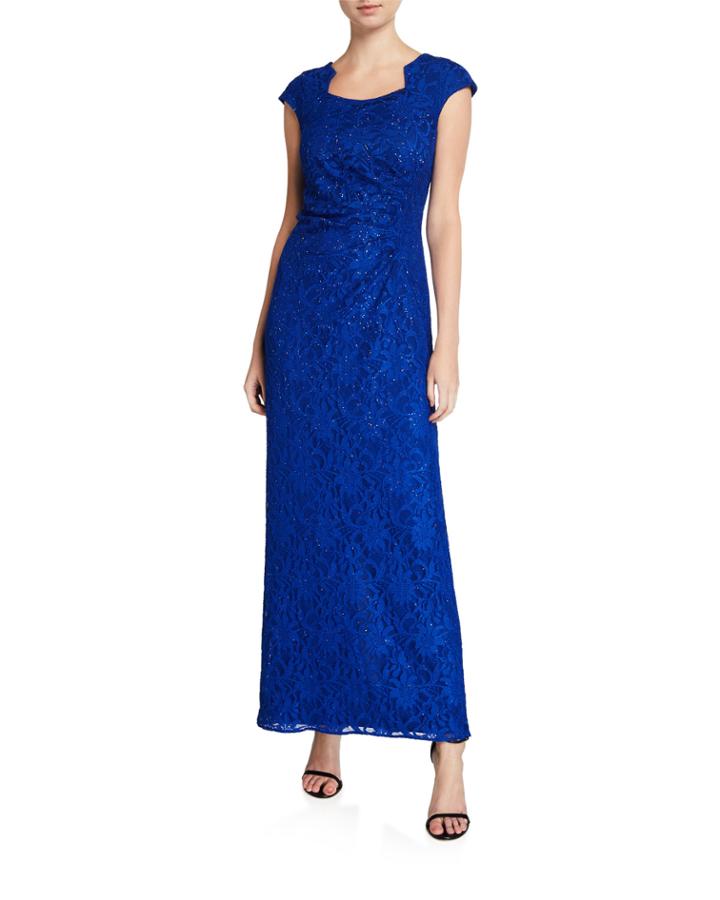 Square-neck Cap-sleeve Stretch Lace Column Gown
