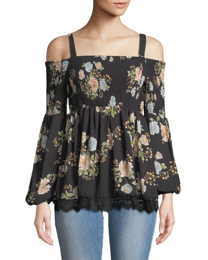 Smocked Cold-shoulder Floral-print Blouse