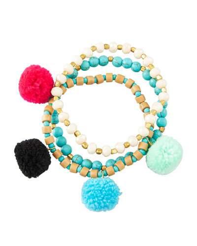 Beaded Pompom Bracelets, Set Of