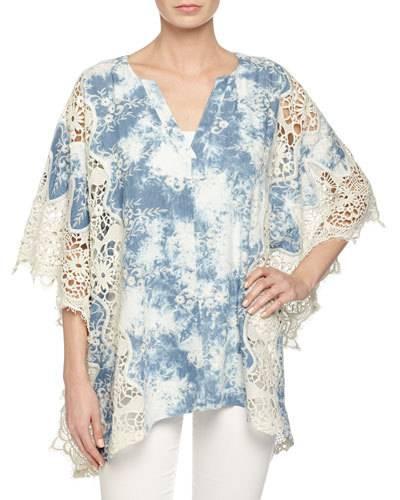 Bossa Lace-trim Tie-dye Poncho, Indigo