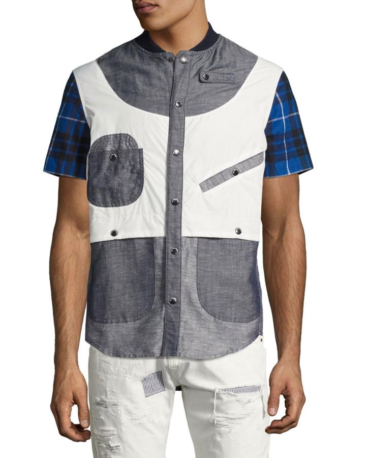 Geometric Patchwork Safari Shirt, Gray/blue/white