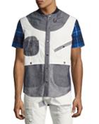 Geometric Patchwork Safari Shirt, Gray/blue/white