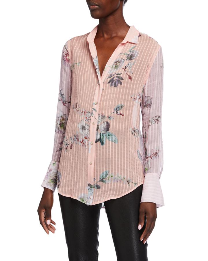 Silk Floral Button Down Metallic Blouse