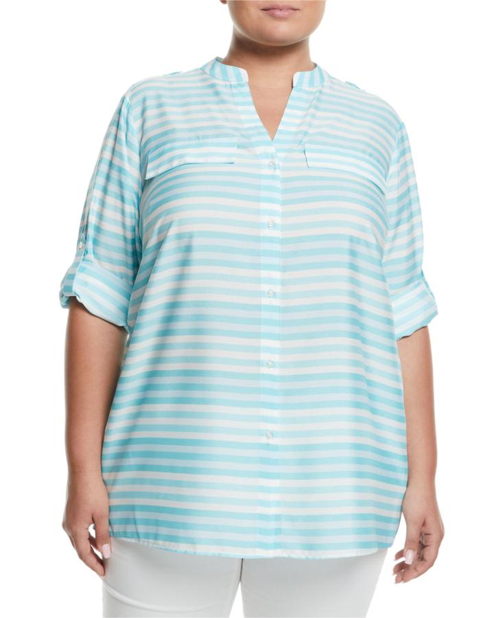 Striped Roll-sleeve Blouse,