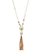 Long Golden Pearly Tassel Pendant Necklace
