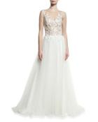 Embroidered Illusion-bodice Gown, White