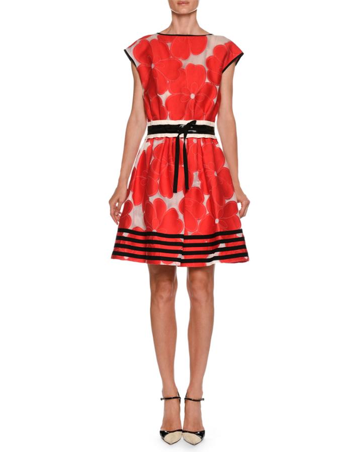 High-neck Cap-sleeve Floral-jacquard Cotton-silk Dress