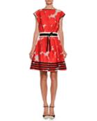 High-neck Cap-sleeve Floral-jacquard Cotton-silk Dress