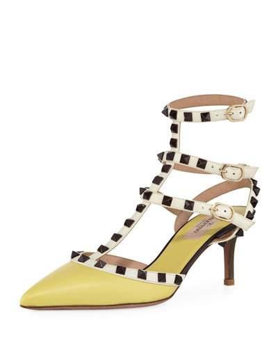 Rockstud Patent Low-heel Pump, Yellow