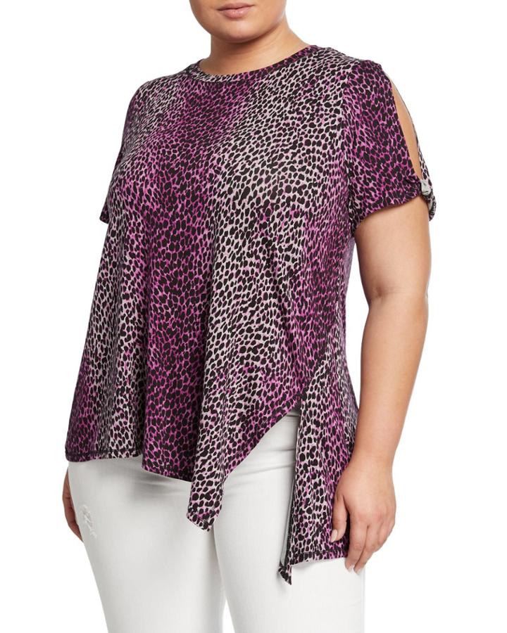 Plus Size Leopard Drapey Cold-shoulder Tee