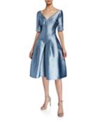 V-neck Short-sleeve Gazar Fit-&-flare Dress W/ Crystal Trim