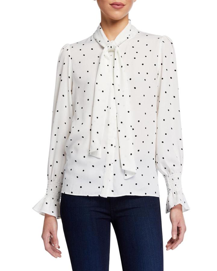 Polka Dot Smocked Cuff Button-down Blouse