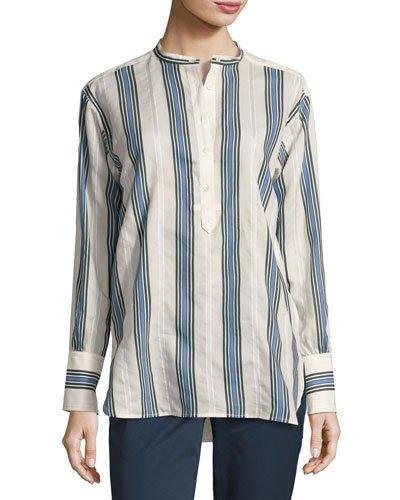 Striped Long-sleeve Henley Top, White Pattern