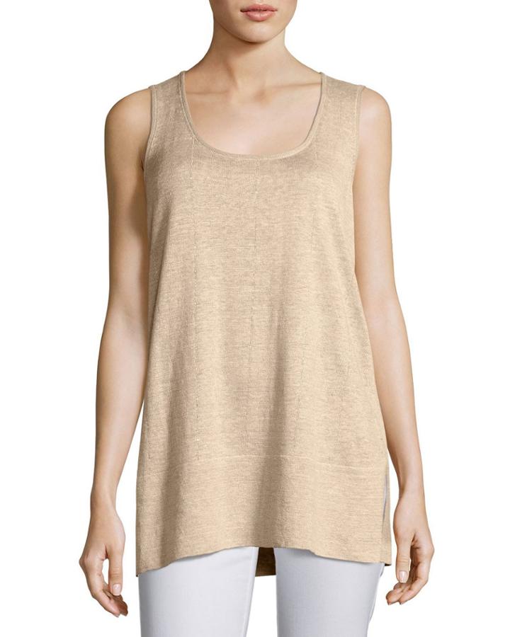 Scoop-neck Linen Melange Tank, Khaki