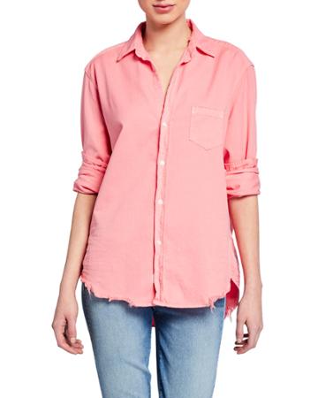 Button-down Long-sleeve Frayed-hem Cotton Shirt, Candy Pink