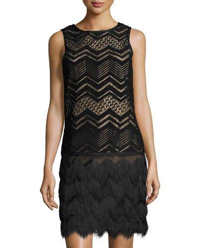 Zigzag Fringe Dress, Black/nude