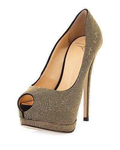Beaded Peep-toe High Pump, Black