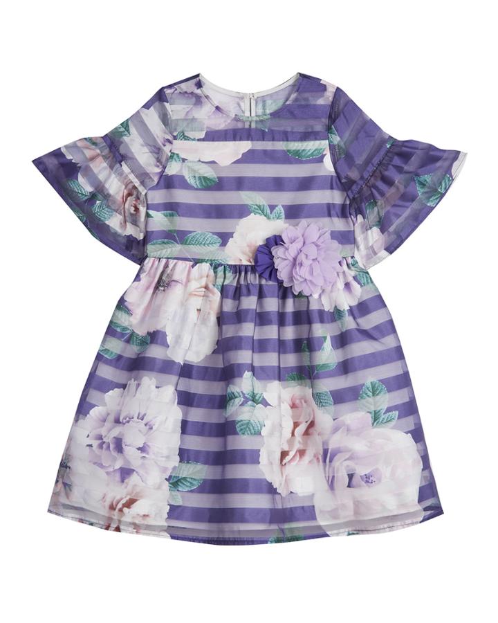 Floral Shadow Stripe Bell Sleeve Dress,