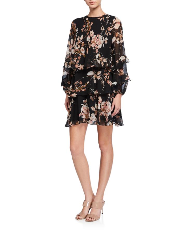 Ruffle-sleeve Printed Chiffon Dress