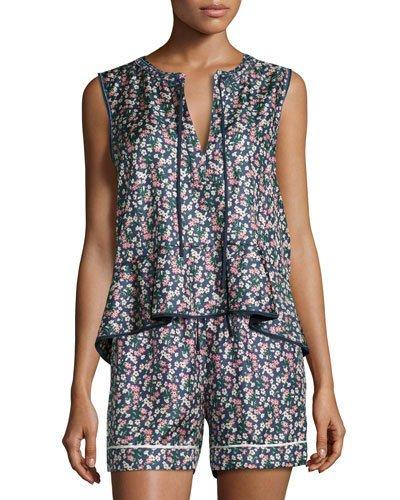 Floral Silk Satin Peplum Tank, Navy
