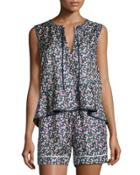 Floral Silk Satin Peplum Tank, Navy