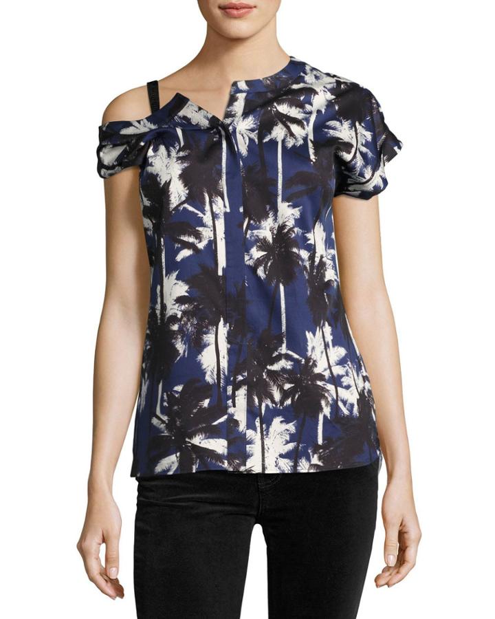 Asymmetric Palm-print Blouse, Blue Pattern