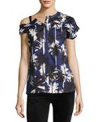 Asymmetric Palm-print Blouse, Blue Pattern