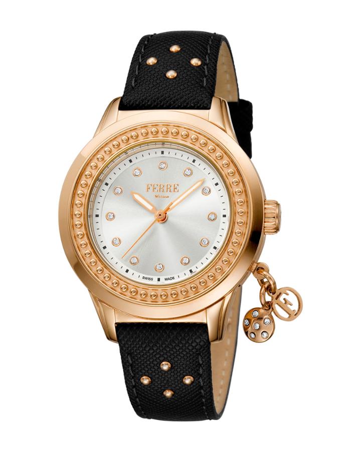 Women's 36mm Stainless Steel Charms Watch With Leather Strap, Rose/black