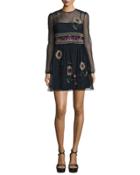 Long-sleeve Floral-embroidered Point D'esprit Dress, Navy