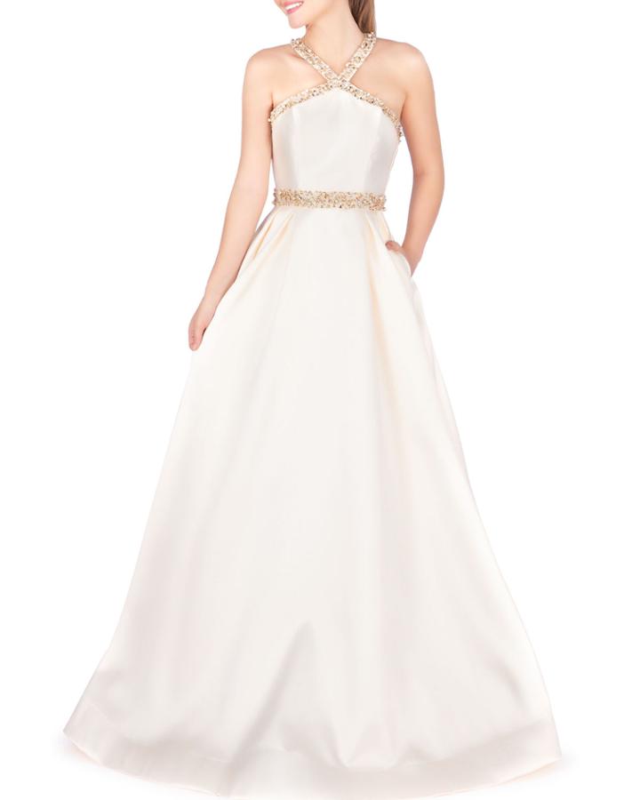 Embellished Halter-neck Pleated Ball Gown