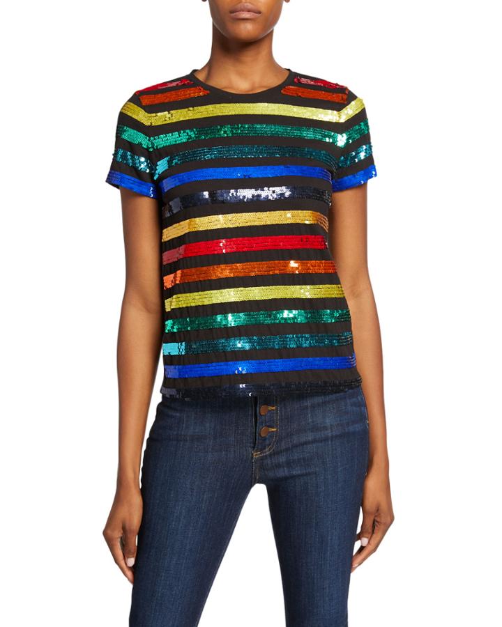 Rylyn Sequin Stripe Crewneck Short-sleeve Top