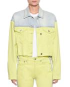 Two-tone Button-down Cropped Denim Jacket