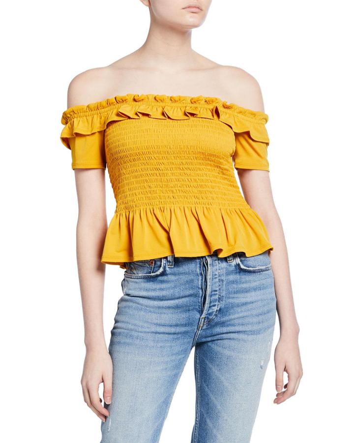 Smocked Off-the-shoulder Short-sleeve Ruffle Top