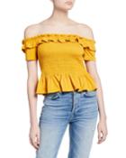 Smocked Off-the-shoulder Short-sleeve Ruffle Top