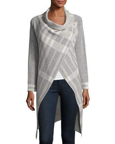 Cashmere Plaid Crossover Cardigan, Heather Gray