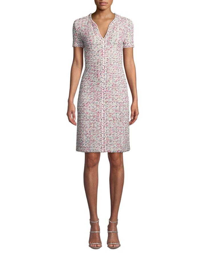 V-neck Short-sleeve Modern Pointelle Knit Dress W/ Braided Trim