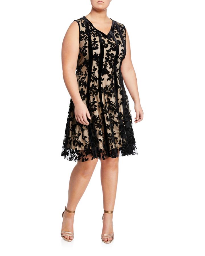 Velvet Floral Overlay Cocktail Dress,