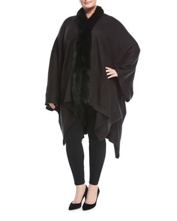 Fox Fur-trim Knit Serape Wrap,