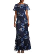 Short-sleeve Embroidered Tulle Gown, Blue/gray