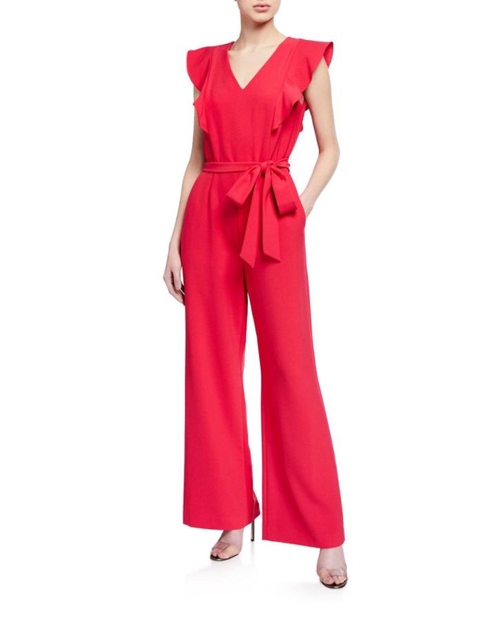 Ruffle Shoulder Wide Leg Crepe Jumpsuit