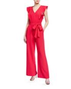 Ruffle Shoulder Wide Leg Crepe Jumpsuit