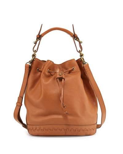 Dusen Leather Drawstring Bucket Bag, Cognac