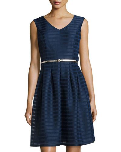 Striped Belted Fit & Flare Dress