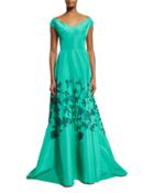 Embroidered Laser-cut Cap-sleeve Gown,